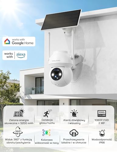 WOLFANG Solarna kamera bezpieczeństwa 1080P na zewnątrz, kamera WiFi PTZ 360° (tylko 2,4 G), wykrywanie ruchu PIR, noktowizor, dwukierunkowy dźwięk, IP65, współpracuje z Alexa i Google Home, bez
