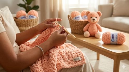 Image of ProKart Premium Blankie Wool, Plush & Cuddly, Chenille Yarn Supersoft Hand Knitting Wool Ball | Blanket Thick /Mottu Yarn Ball Suitable for Hand Knitting and Crocheting for Baby, Adult, Sweaters, caps, Throws, Home Furnishing, Scarves, Blankets (Peach, 100gms x 2 Pack)