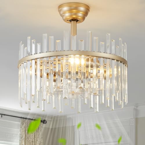 Image of 20 inch Gold Crystal Fandelier Ceiling Fan with Light, Gold Crystal Chandelier Ceiling Fan with Light Remote Control, 6 Speeds for Bedroom, Nursery, Living Room