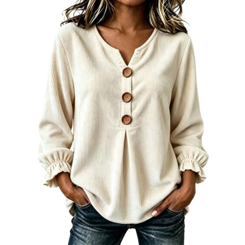 Women's Fall Corduroy Tops Long Sleeve Split V Neck Button Up Blouses White - image 5