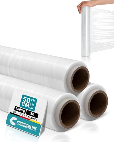 Commerline Stretchfolienrolle-Wickelfolie | 50 cm, 1500 g, 230 m - 3 Rollen | Transparent Stretchfolie | Umzugsfolie, Möbel Folie, Palettenfolie, Verpackungsfolie