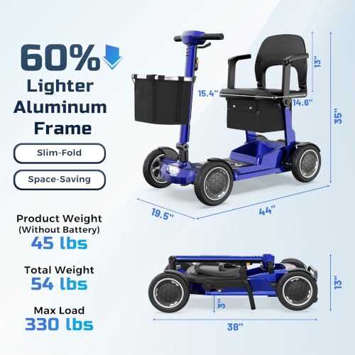 Image of Lightweight Mobility Scooter for Seniors & Adults - Airline & Cruise Approved, 45lb Portable Motorized Scooters with Removable Battery for 12.4 Miles Range, Pneumatic Tires, 330lb Capacity, Blue