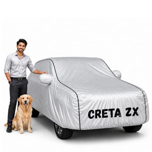 Image of Waterproof Car Cover for Creta ZX | Soft Cotton Lining Heavy Duty Triple Stitched Heat Resistant Outdoor Cover Comes with Mirror and Antenna Pocket Full Bottom Elastic (Zig Zag Silver)