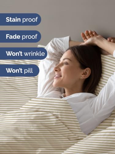 Image of Duvet Cover Queen Size - 3 Piece Set with Zipper Closure - Beige Stripes | Extra Soft Queen Duvet Cover 90 inch x 90 inch with 2 Pillow Shams, Hotel Luxury w / Zipper Closures & Ties, Comfy & Breathable, Comfy