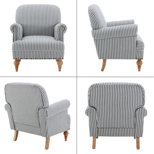 DM Furniture Blue Striped Linen Fabric Accent Chair, Coastal Upholstered Armchair with Nailhead Trim & Ball Turned Wood Legs, Modern Farmhouse Club Chair for Living Room Bedroom Guest Room