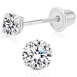 Art and Molly 14K Solitaire White Gold Earring – Small 3mm Round Cubic Zirconia Small Stud Earrings with Screw Back, CZ Studs with Gift-Ready Box