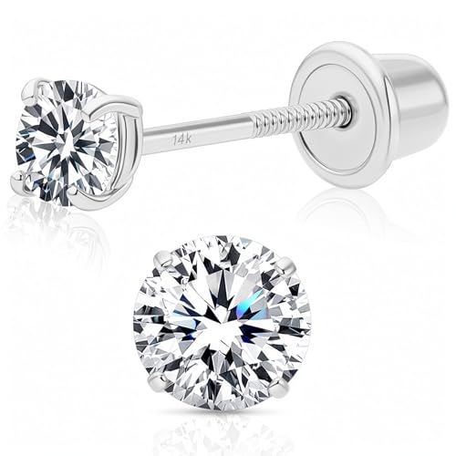 Art and Molly 14K Solitaire White Gold Earring – Small 3mm Round Cubic Zirconia Small Stud Earrings with Screw Back, CZ Studs with Gift-Ready Box