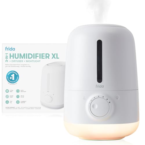 Frida Baby 3-in-1 XL Top Fill Humidifier for Bedroom, Cold & Flu Relief, 6L Tank Cool Mist Humidifier + Diffuser for Large Rooms, Mold Resistant, Nightlight, Auto-Off, Quiet, Essential Oil Diffuser