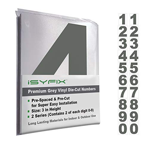 iSYFIX Grey Vinyl Numbers Stickers – 3 Inch Self Adhesive (2 Sets)- Premium Decal Die Cut and Pre-Spaced for Mailbox, Signs, Window, Door, Cars, Trucks, Homes, Address Numbers, Indoor or Outdoor