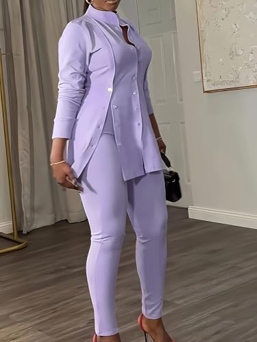 Plus Size Women's Button-Front Blazer and Pants Set, Curvy Long Sleeve Professional Two-Piece Suit4