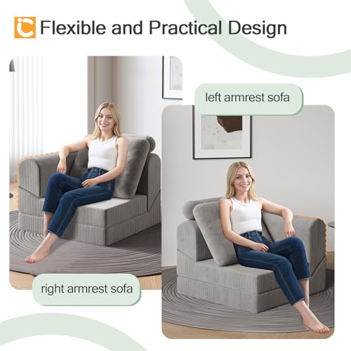 COMAX Folding Sofa Bed, 8-in-1 Foldable Floor Couch Corduroy Convertible Futon Sofa, Fold Out Chair Bed Sleeper Mattress Comfy Portable Lounge Loveseat Guest for Living Room Bedroom, Light Grey