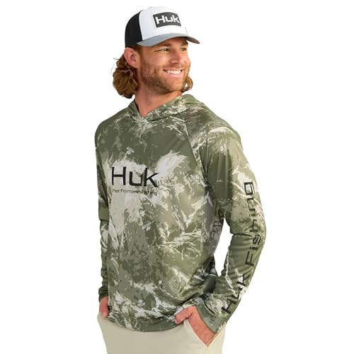 HUK Mens Pursuit Pattern Hoodie, Sun Protecting Fishing Shirt with Hood, Mossy Oak Stormwater Freshwater, Large