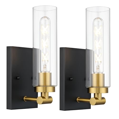 Image of Emak Black and Gold Wall Sconces Set of Two, Modern Wall Sconce with Clear Glass Shade, Farmhouse 2 Light Bathroom Vanity Light for Living Room, Bedroom, Gallery, WS086-BKBGD-CG-2PK