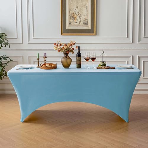 Image of FOLINS&HOME 2 Pack Baby Blue 4ft Fitted Spandex Water Resistant Tablecloth | Washable Elastic Rectangle Table Cover for 4 Foot Folding Tables, Stretch Table Cloth for Weddings, Banquets, Parties (2 Pcs)