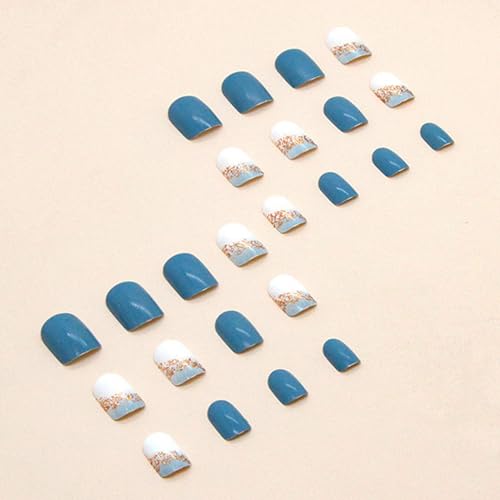 Square Press on Nails Short Sea Blue Fake Nails Glossy Acrylic Nails Press ons Full Cover False Nails with Golden Glitter Designs Glue Stick on Nails for Women Girls 24 Pcs - Thumbnail 5