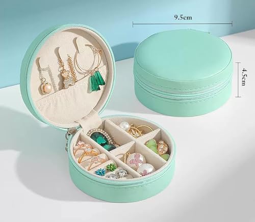Image of Mini Jewellery Travel Case, PU Leather Organizer Box, Small Portable Jewellery Storage Holder for Womens Rings Earrings Necklaces - PU JEWELRY BOX (round pu box green)