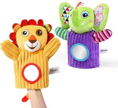 Jollybaby Hand Puppets for Toddler, Animal Hand Puppet Toys (2 PCs), Sensory Doll with Rattle and Mirror for Toddler Boys Girls Newborn