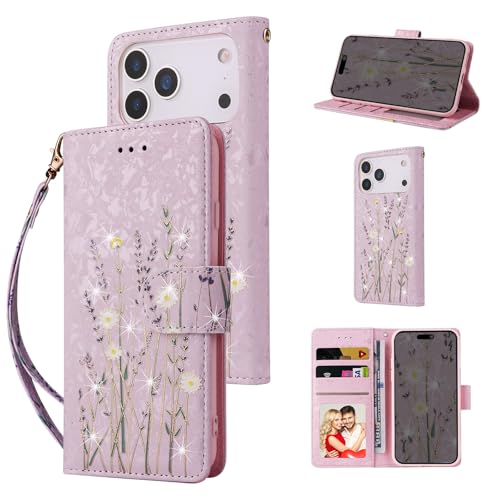 UEEBAI Wallet Case for iPhone 17 Pro Max, PU Leather Phone Cover Kickstand RFID Blocking Flip Case Card Slots Wrist Strap Relief Engraved Pattern Magnetic Closure Flower Folio Wallet, Lavender by UEEBAI - Used condition - US$14.21