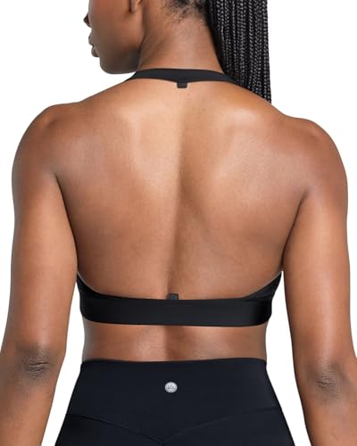 QUEENIEKE Halter Neck Sports Bra for Women, Yoga Crop Top with Removable Pads, Open Back V Neck Bra for Gym Workout Light Support (Black, Small)