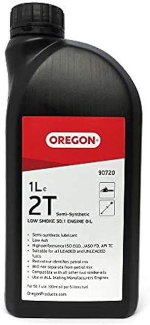 Oregon 2-Stroke Engine Oil, Self-Mixing Partly Synthetic Mineral Chainsaw Oil, Low Smoke, Low Ash Lubricant, Protects Engine & Improves Performance, 2T, Leaded or Unleaded Fuels, 1 Litre (90720)