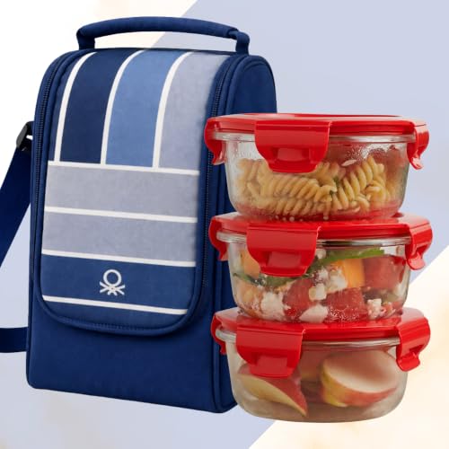 Image of United Colors of Benetton Lunch Bag Set with 3 Glass Containers Insulated | Insulated bag with 3 borosilicate glass containers, airtight leakproof lids, BPA-, microwave freezer dishwasher safe