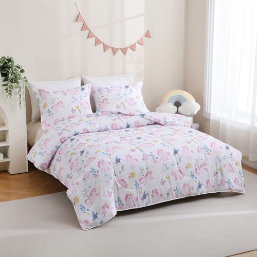 Image of Yibeizi Unicorn Bed Comforter Set Full Pink Girls Floral Bedding