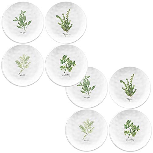 Auntie Morags Epicurean Garden Herbs Outdoor/BBQ/Picnic - Plastic/Melamine White & Green Side Plates Sets (8)