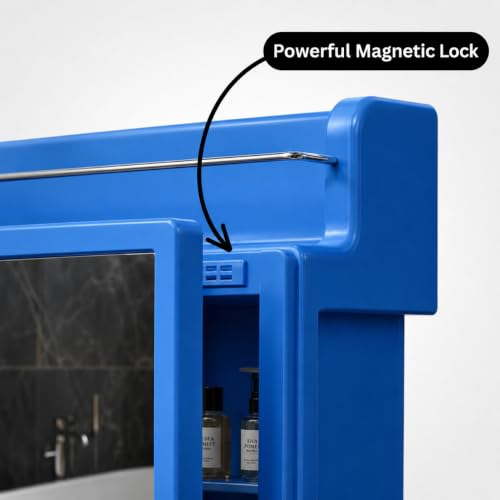 Image of BRANCO Bathroom Cabinet with Mirror | Storage Organiser | Strong Plastic Bathroom Shelves Wall Mounted | Mirror Cabinet (Blue)