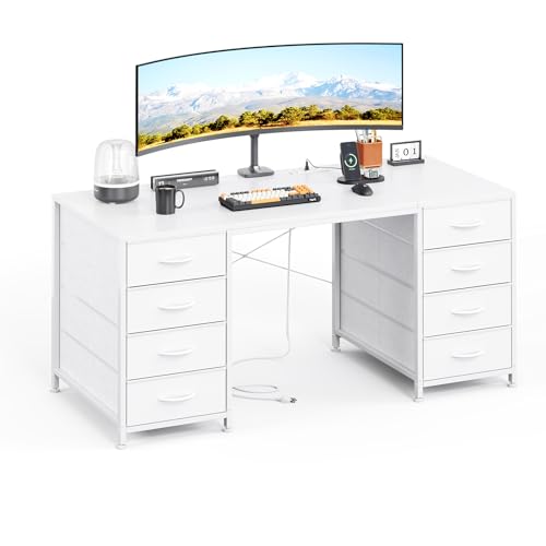 Image of MUTUN 120cm Computer Desk with 8 Drawers, Home Office Desk with Power Outlets, Modern Table with Large Storage for Writing, Study, White