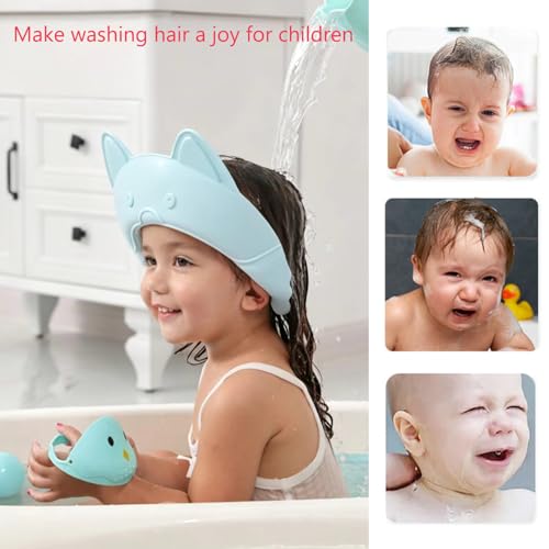 Image of Shower Cap for Kids, Baby Shower Cap bath wash Shampoo rinser shield Hat Adjustable head hair Visor Protection Toddler and Children,Prevent water from entering eyes and ears (Blue fox)
