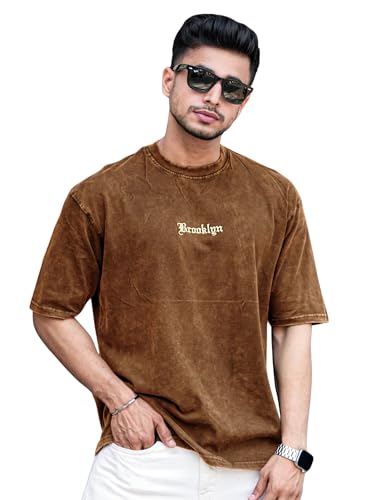 Image of Maniac Mens Acid Wash Printed Brooklyn Round Neck 3 /4th Sleeve Cotton T-Shirt for Men