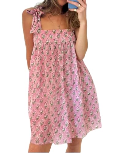Image of Women Floral Tie Shoulder Mini Dress Cute Square Neck Loose Fit Beach Short Dress Backless Boho Vocation Sundress