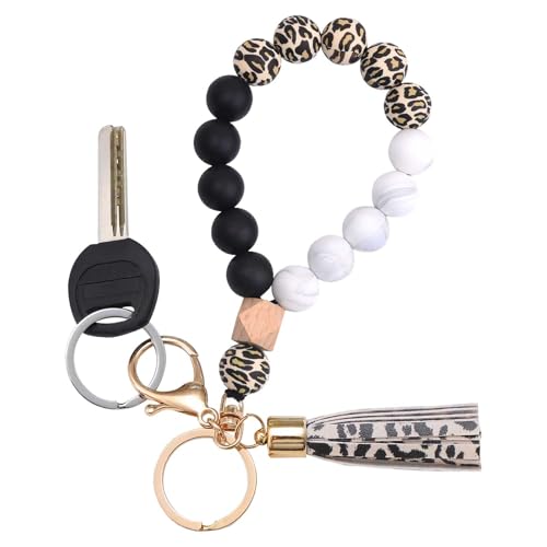 Image of BAOSIWA Silicone Key Ring Bracelet Wristlet Keychain Unique Beaded Bangle Key Chains for Women with Leather Tassel