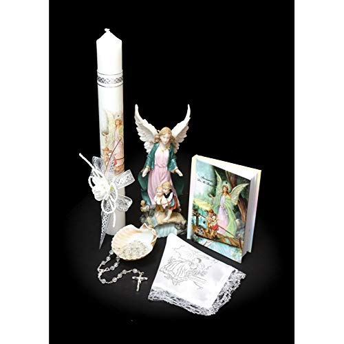 English Handmade Christening/Baptism Baby Set for Girl, Angel Guardian Statue, Silver Trim Cross