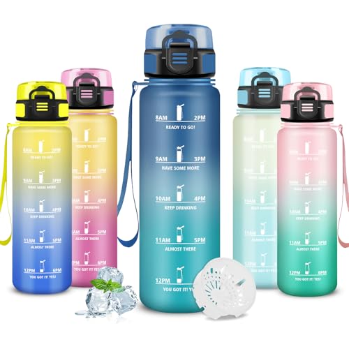 Mujigaga Trinkflasche 1l, Trinkflasche Sport, Auslaufsicher, Wasserflasche mit Motivierendem Slogan, Wasserflasche mit Filte, Leicht zu Reinigen, Water Bottle für Schule, Camping, Klettern