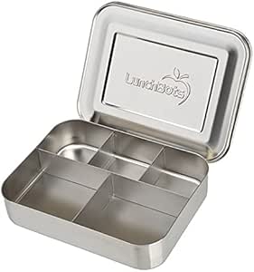 LunchBots Large Cinco Stainless Steel Lunch Container - Five Section Design Holds a Variety of Foods - Metal Bento Box - Dishwasher Safe - Stainless Lid - Stainless Steel