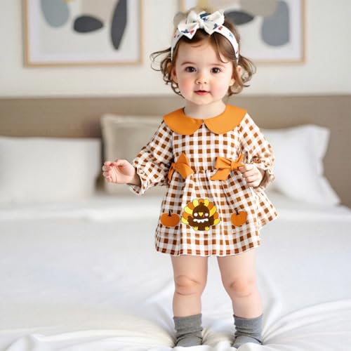 My First Thanksgiving Baby Girl Outfit Newborn Turkey Romper Dress Plaid Doll Collar Skirt Hem Jumpsuit Fall Clothes2