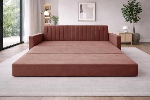 Image of Rosebell Foldable 3-Seater Sofa-Cum-Bed | 3-in-One Convertible Couch with Armrest | Modern Fabric Sofa for Living Room, & Office-Brown