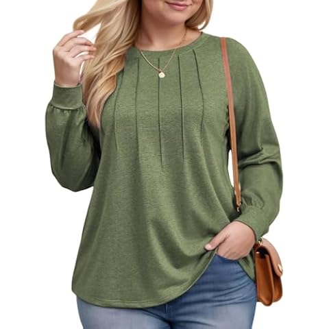 Plus Size Fall Tops for Women 2024 Crewneck Shirts Casual Pleated Tunic Fall Loose Fit Long Sleeve Tees 3XL Green Cover