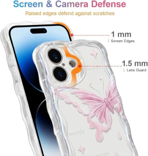 Image of VONZEE Cute Pink Butterfly Transparent Back Cover for iPhone 16| Clear Shockproof TPU Protective Case | Slim Anti-Yellowing Crystal Clear Phone Cover for Girls and Women