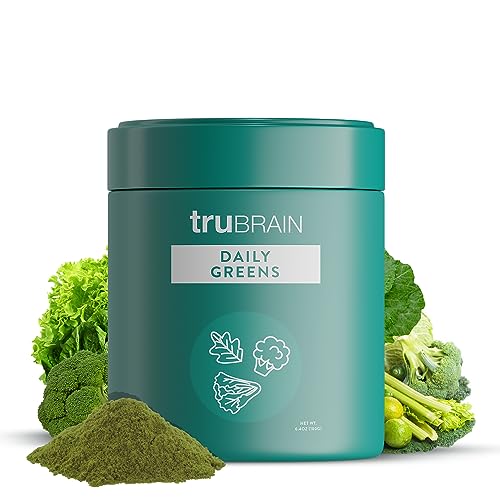 TruBrain Daily Greens: Sustained Brain Nourishment | 75 Plant-Based Ingredients, Superfoods, & Probiotics in Greens Powder | Vegan, Paleo, Keto-Friendly