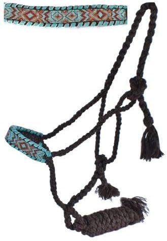 Showman Woven Brown Nylon Mule Tape Halter w/Teal & Gold Beaded Aztec Design