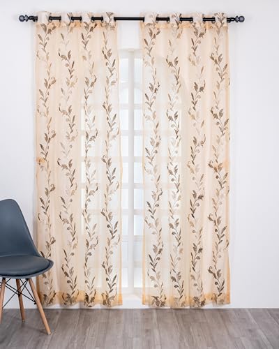 Image of (5 Ft Tissue Fabric Embroidered Curtain | Leaf Design Grommet Curtains Window Curtain | Vintage Classical Floral Print | For Home | Brown (Pack Of 2) | 152 L X 121 W Centimeters