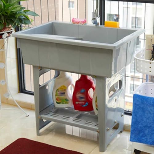 Évier à Linge Autoportant avec Robinet, Évier Utilitaire en Plastique avec Bac à Laver Et Égouttoir en Acier Inoxydable, pour Buanderie, Garage, sous-Sol, Jardin