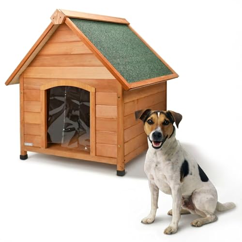 AQPET Cuccia per Cani in Legno S da Esterno con Tetto Spiovente Impermeabile e Tenda Termica, Casetta Cane Isolata per Interno ed Esterno, Resistente alle Intemperie, 80x86x88h cm