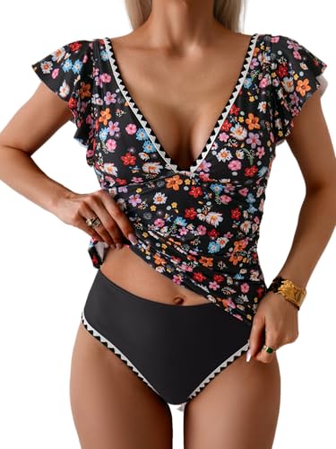 Women's Tankini Swimsuit Tummy Control Ruffle Two Piece Bathing Suit V Neck Ruched Swimwear with Bottom