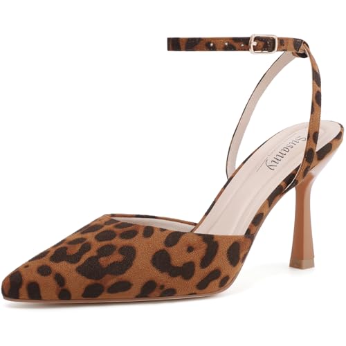 Susanny Leopard Heels for Women Stiletto Closed Pointed Toe Dress Shoes High Heels Sexy Kitten Pumps Wedding Party Evening Prom Dance Ankle Strappy Dressy Shoes 6