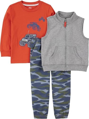 Simple Joys by Carter's Toddler Boys' 3-Piece Fleece Vest, Long-Sleeve Shirt, and Woven Trouser Playwear Set, Grey Heather/Navy Camo/Orange Trucks, 4 Years