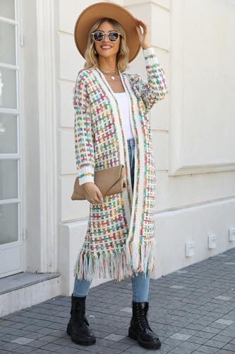 Image of Womens Boho Cardigan Sweater Maxi Long Colorful Fringed Tassels Knitted Cardigan Jacket Outwear