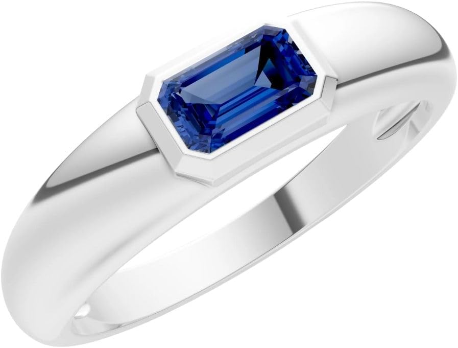 PEORA Emerald Cut Cut Blue Sapphire Dome Band Available in Solid 10K, 14K or 18K Ring – White, Yellow or Rose Gold